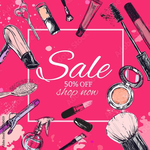 Beauty store SALE background with make up artist and hairdressing objects: lipstick, cream, brush. Template Vector. Hand drawn isolated objects