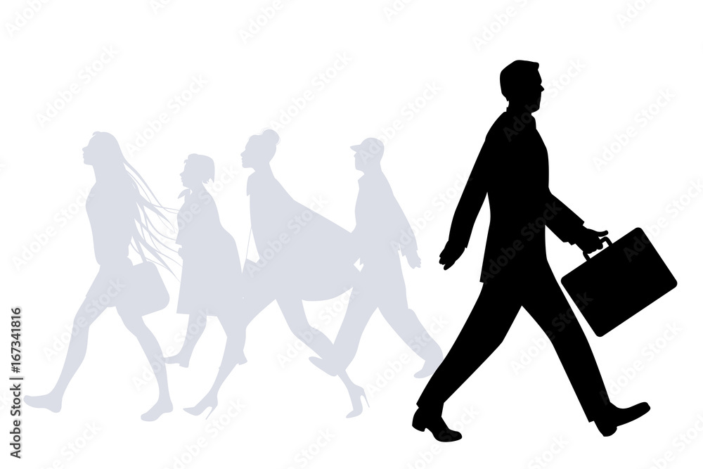 Business man walking in the street. People silhouettes walking on the background Business man walking in the street. People silhouettes walking on the background