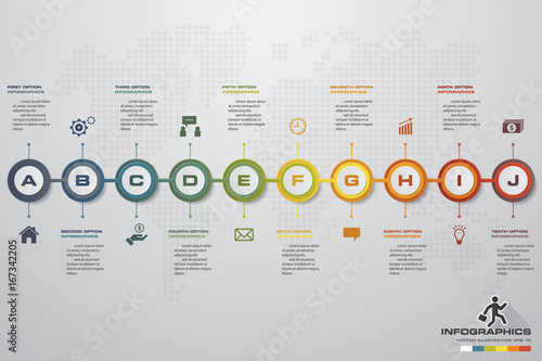 10 steps Timeline infographic element. 10 steps infographic, vector banner can be used for workflow layout, diagram,presentation, education or any number option. EPS10.