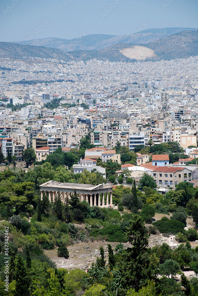 Panorama view from the Acropolis of Athens and the temple Agora