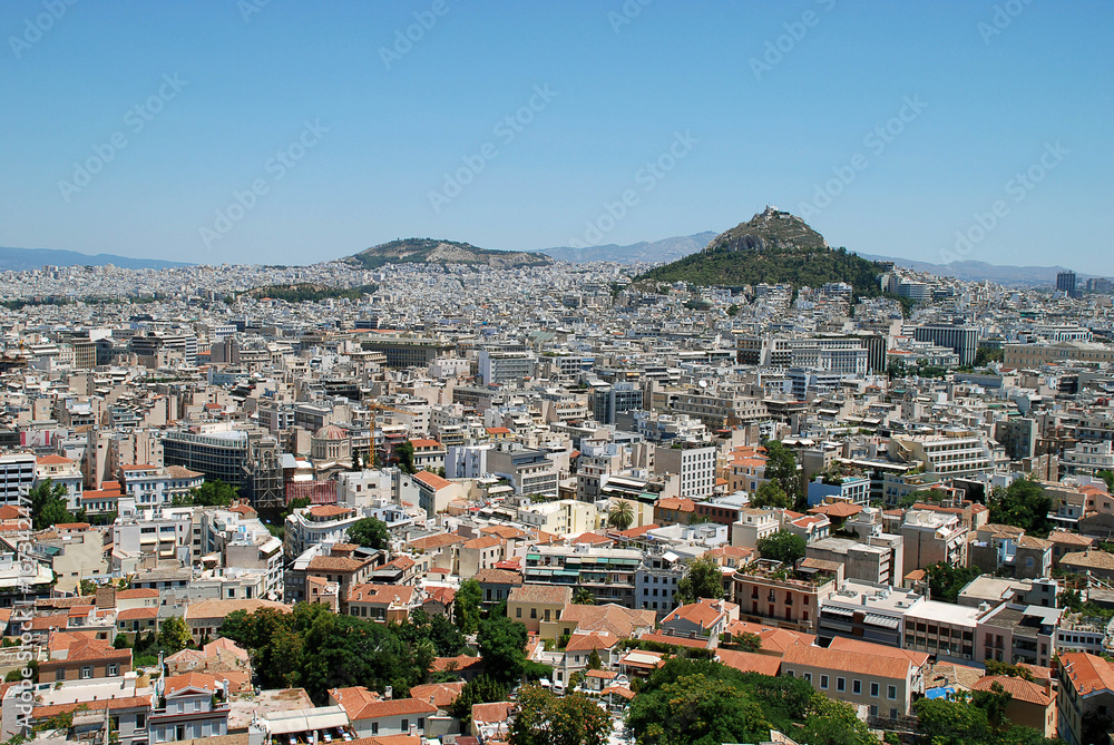 Panorama view from the Acropolis of Athens and mount Lycabettus