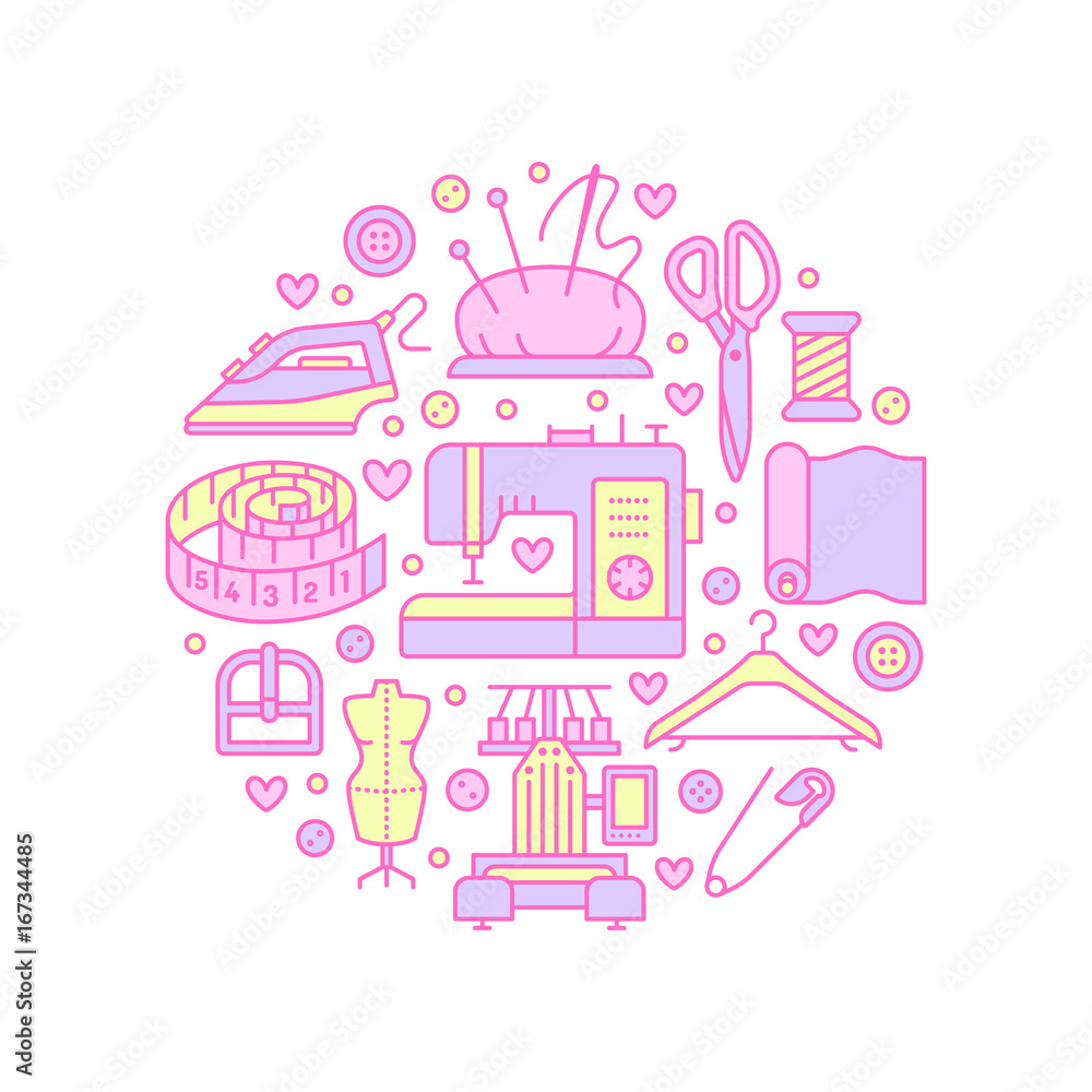 Clothing repair, alterations studio equipment banner illustration. Vector line icon tailor store services - dressmaking, clothes steaming, suit dress, garment sewing. Atelier colored circle template.