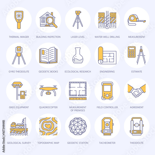 Geodetic survey engineering vector flat line icons. Geodesy equipment, tacheometer, theodolite, tripod. Geological research, building measurement inspection illustration. Construction service signs.