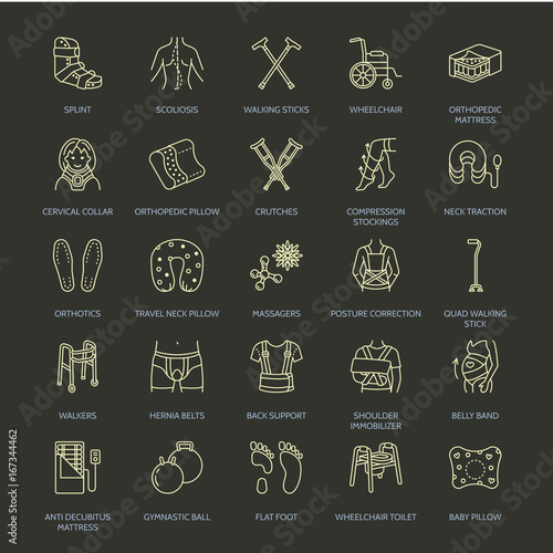 Orthopedic, trauma rehabilitation line icons. Crutches, orthopedics mattress pillow, cervical collar, walkers and other medical rehab goods. Health care thin linear signs for clinic and hospital.