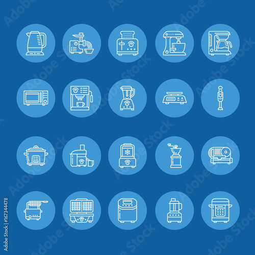 Kitchen small appliances line icons. Household cooking tools signs. Food preparation equipment - blender, coffee machine, microwave, toaster, meat grinder. Thin linear signs for electronics store.