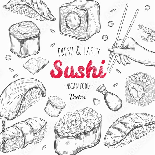Asian food frame. Vector hand drawn colored illustration. Sushi. Japan cuisine