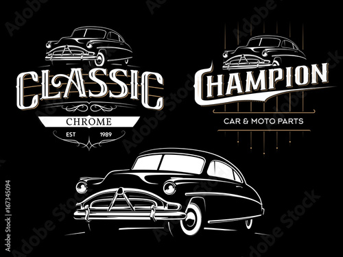 Classic car typography emblems on black background. T-shirt print design.