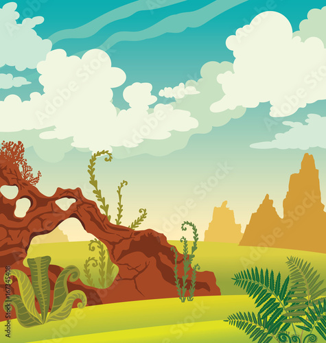 Summer landscape - stone mountains and green plants.