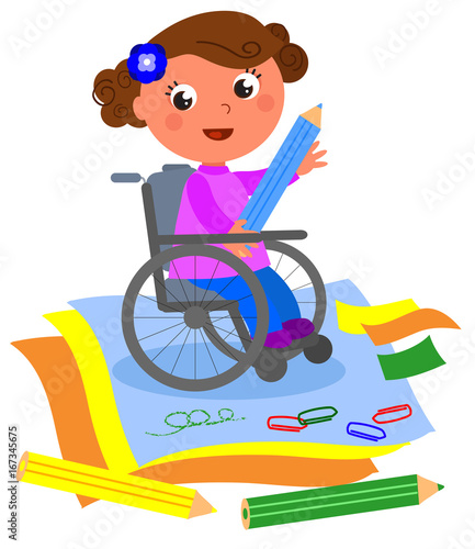Happy disabled girl drawing with big crayon