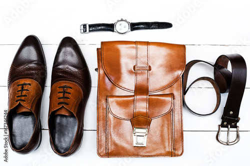 stylish men's accessories on the wooden background