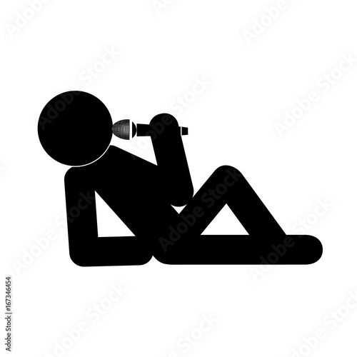 Stick man lying, say into a microphone