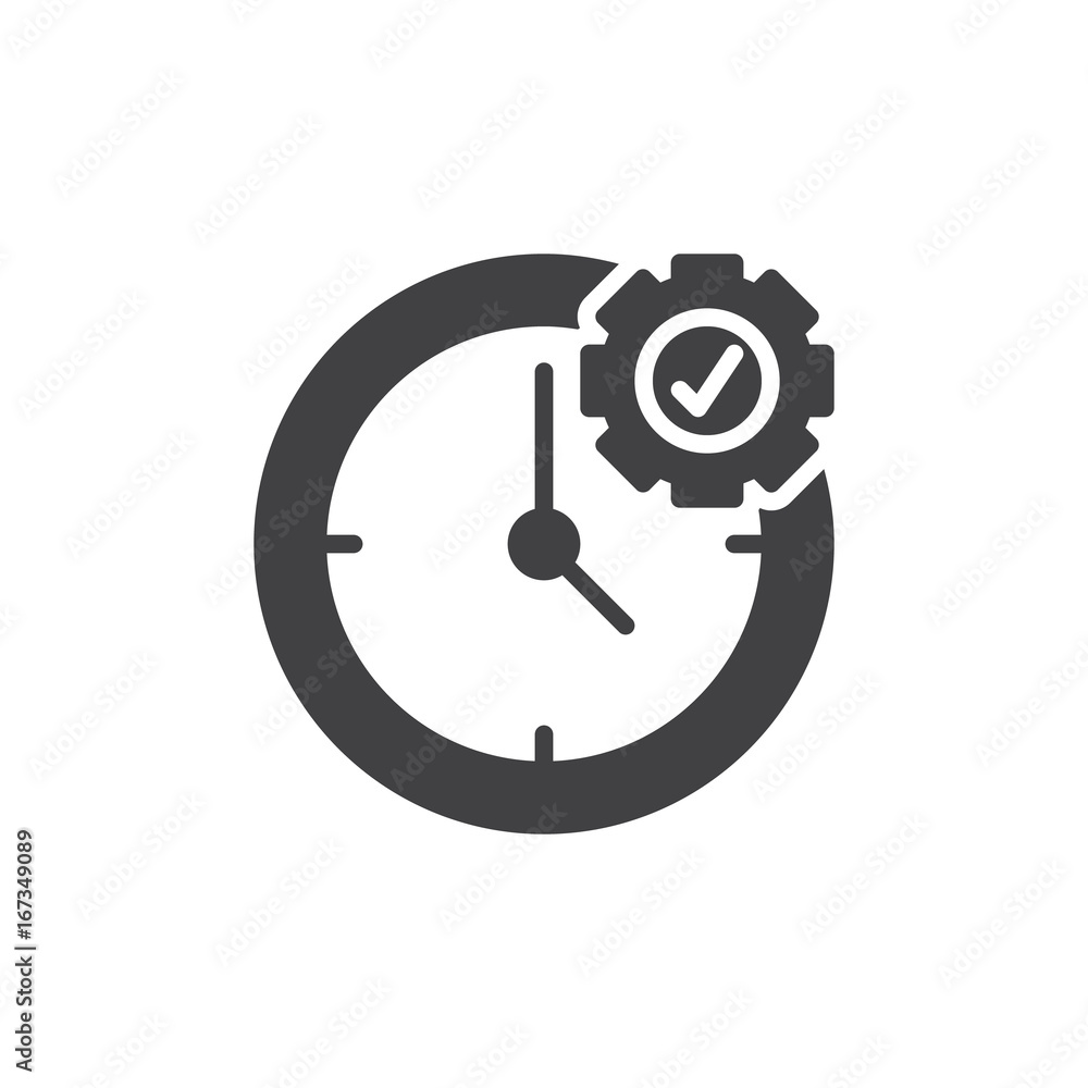 Time management icon vector, filled flat sign, solid pictogram isolated on white. Clock and cogwheel symbol, logo illustration. Pixel perfect vector graphics Time management icon vector, filled flat sign, solid pictogram isolated on white. Clock and cogwheel symbol, logo illustration. Pixel perfect vector graphics