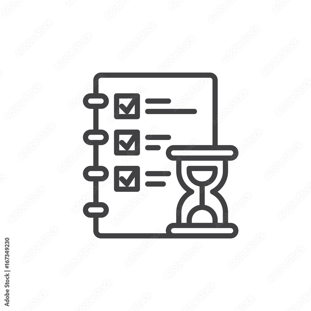 Checklist and stopwatch line icon, outline vector sign, linear style pictogram isolated on white. Time management symbol, logo illustration. Editable stroke. Pixel perfect vector graphics Checklist and stopwatch line icon, outline vector sign, linear style pictogram isolated on white. Time management symbol, logo illustration. Editable stroke. Pixel perfect vector graphics