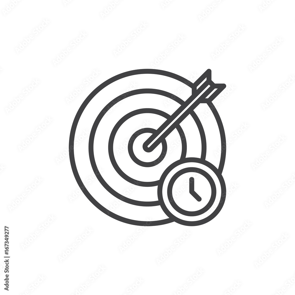 Target and arrow with clock line icon, outline vector sign, linear style pictogram isolated on white. Goal symbol, logo illustration. Editable stroke. Pixel perfect vector graphics Target and arrow with clock line icon, outline vector sign, linear style pictogram isolated on white. Goal symbol, logo illustration. Editable stroke. Pixel perfect vector graphics