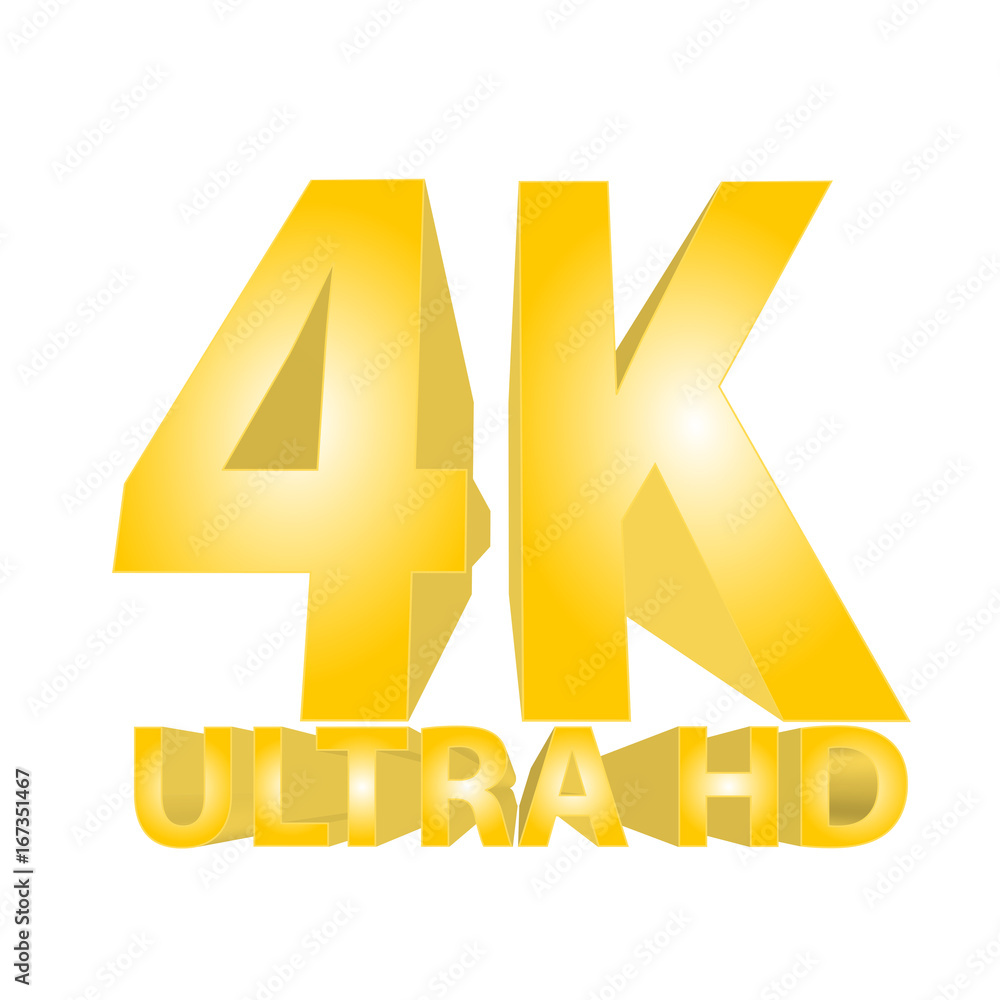 4K ultra high definition television technology golden logo icon isolated on white background with reflection effect