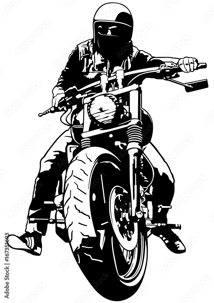 Obraz premium Harley Davidson i jeździec - czarno-biały ilustracja, wektor