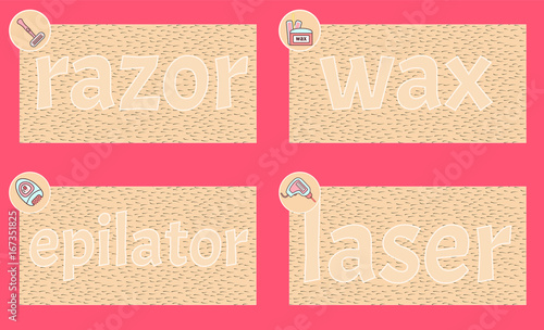 Hair removal razor, wax, epilator and lazer methods symbols. Hairy skin and text on it. Skin care symbol for cosmetology spa, salon