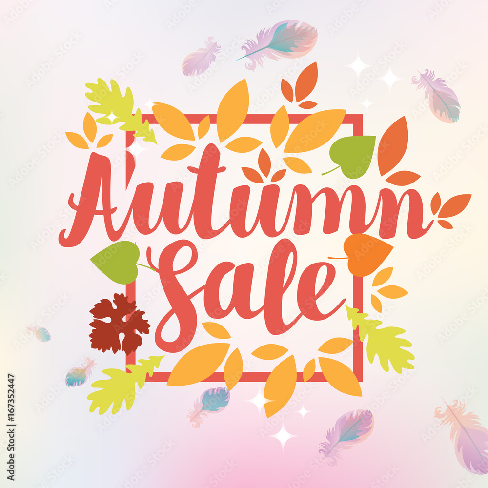Vector banner with the inscription Autumn sale. Can be used for flyers, banners or posters. Vector illustration with colorful autumn leaves and feathers Vector banner with the inscription Autumn sale. Can be used for flyers, banners or posters. Vector illustration with colorful autumn leaves and feathers