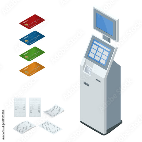 Isometric set vector online payment systems and self-service payments terminals, debit credit card and cash receipt. NFC payments, Payment terminal, Digital touch screen, interactive kiosk concept