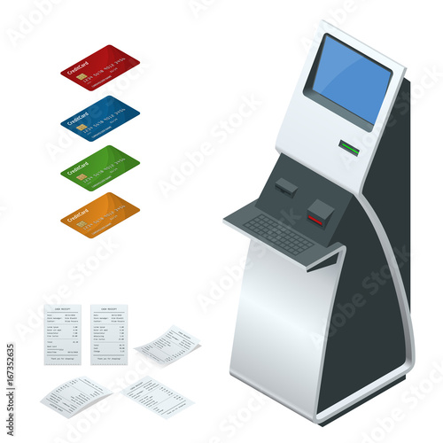 Isometric set vector online payment systems and self-service payments terminals, debit credit card and cash receipt. NFC payments, Payment terminal, Digital touch screen, interactive kiosk concept