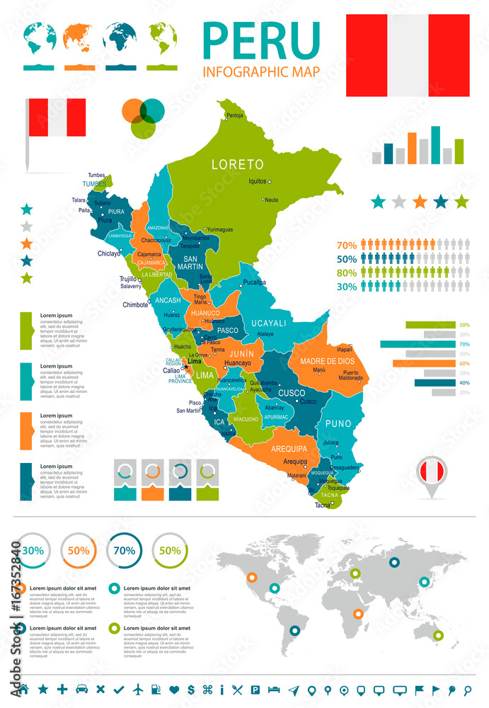 Peru - infographic map and flag - illustration - obrazy, fototapety, plakaty 