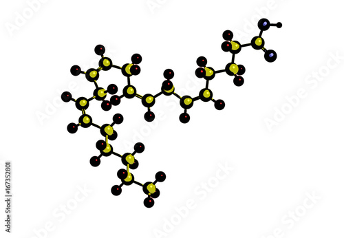 Molecular structure of Docosahexaenoic acid (DHA, cervonic acid). An example of polyunsaturated omega-3 fatty acid, it is present in brain, cerebral cortex, skin, sperm and retina, 3D rendering