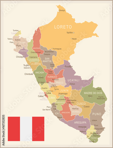Peru - vintage map and flag - illustration