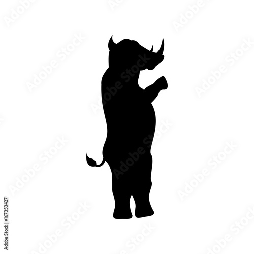 Rhino silhouette stands on two legs isolated on white background