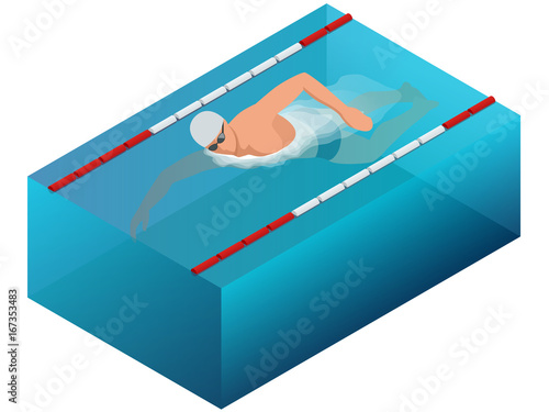 Sportsman swim line race indoor interior infographics. Flat isometric male swimmer vector illustration