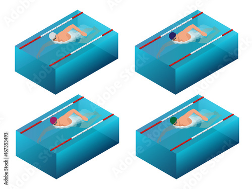 Sportsman swim line race indoor interior infographics. Flat isometric male swimmer vector illustration