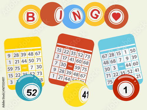 Three bingo balls and cards on light green background