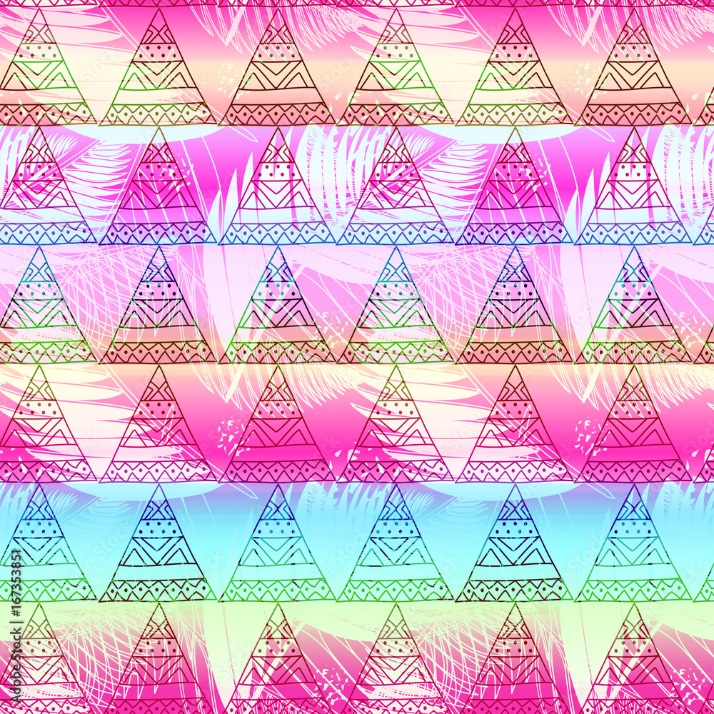 Seamless pattern with ornate triangles and palm leaves Seamless pattern with ornate triangles and palm leaves