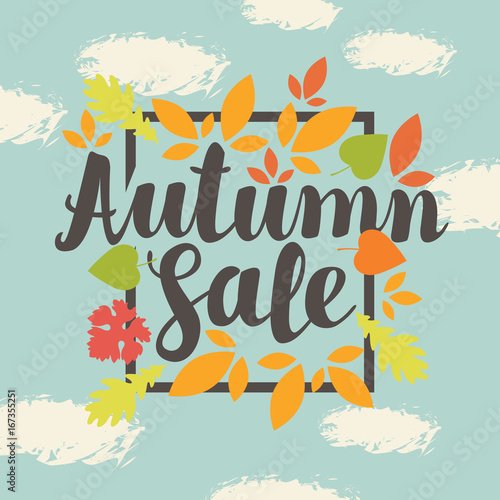 Vector banner with the inscription Autumn sale. Can be used for flyers, banners or posters. Vector illustration with colorful autumn leaves on the blue sky background with clouds