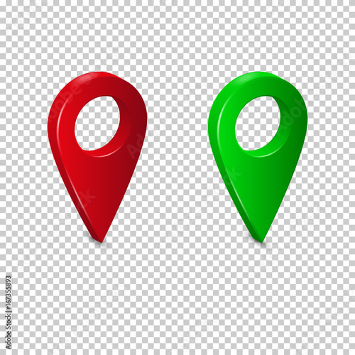 The pointer for the location on the map is green and red on transparent background. Realistic vector illustration.
