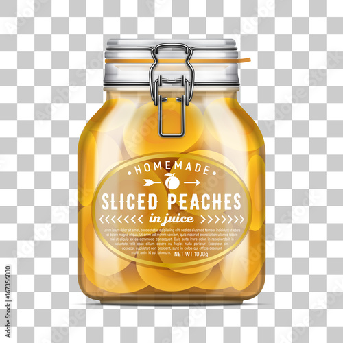 Vector labeled Swing Top Bale Glass Jar filled with sliced peaches in juice. Realistic mockup illustration.