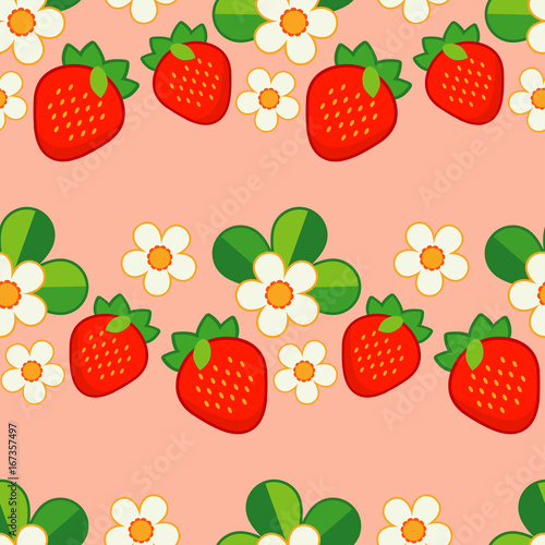 Fototapeta Naklejka Na Ścianę i Meble -  Summer pattern with Strawberries and Flowers. Strawberry background. Textile rapport.
