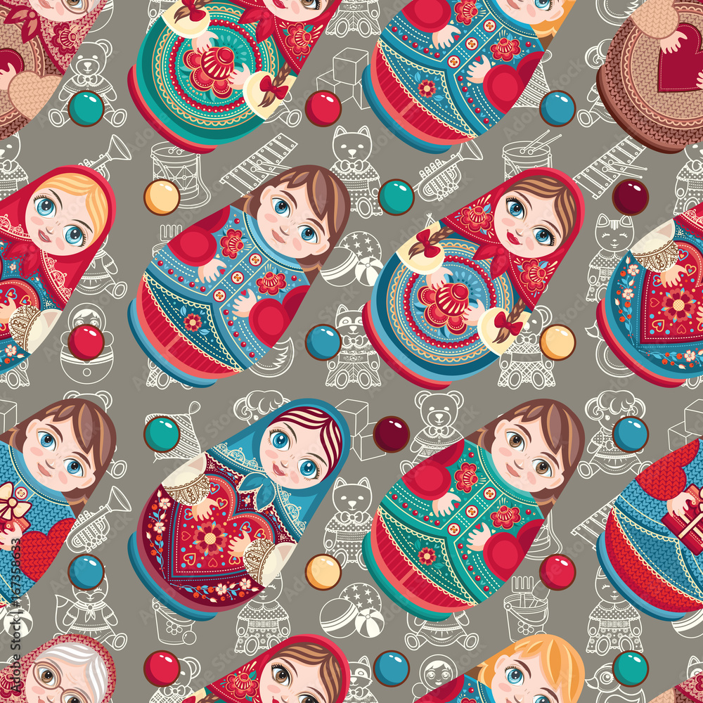 Russian souvenir. Matryoshka - babushka doll. Seamless pattern. Vector Russian souvenir. Matryoshka - babushka doll. Seamless pattern. Vector