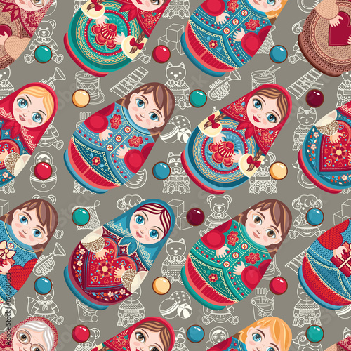 Russian souvenir. Matryoshka - babushka doll. Seamless pattern. Vector