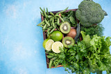 Green vegetables background. Fresh garden produce. top view and copy space