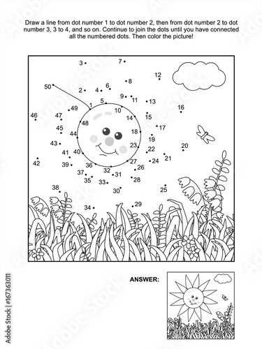 Connect the dots picture puzzle and coloring page with sun, grass and flowers. Answer included.
