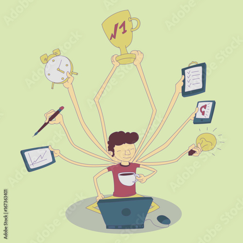 Happy hipster freelancer with many hands holding papers, mobile phone. Multitasking and productivity concept.