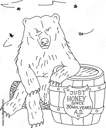 Wild bear sitting on wood log leaning on honey barrel flying bees, hand drawn doodle illustration, coloring page, caricature