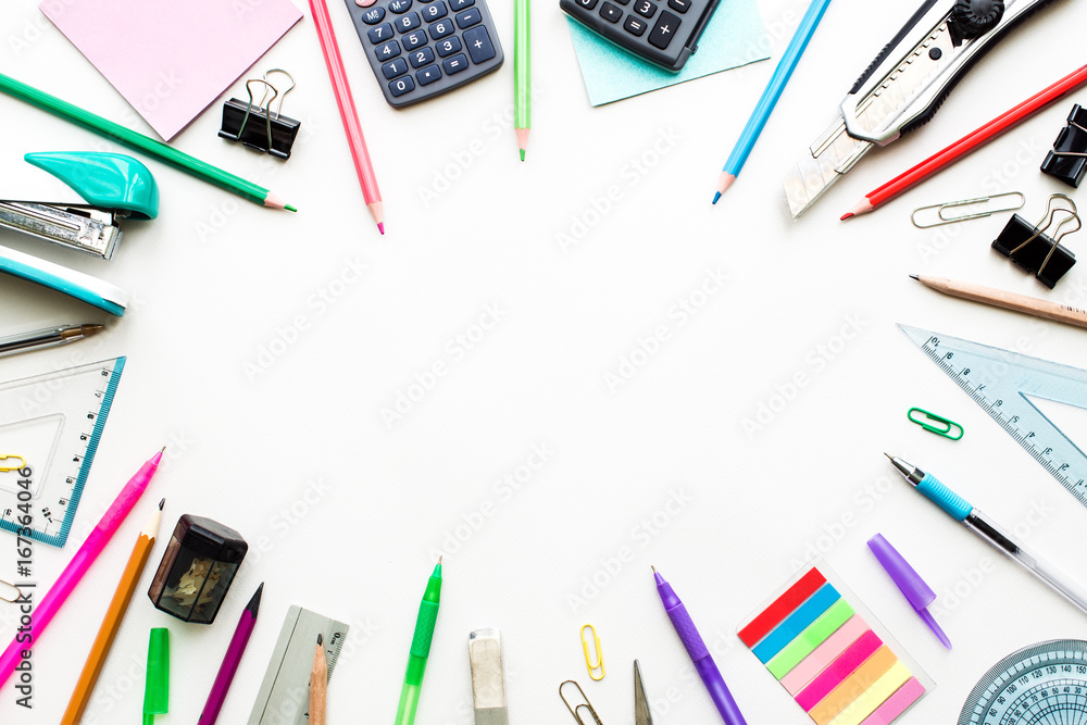 Set of stationery on white table, top view. School Concept Set of stationery on white table, top view. School Concept