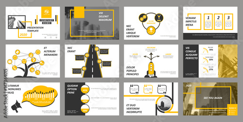 Creative set of abstract infographic elements. Modern presentation template with title sheet. Brochure design in dark grey, white and yellow colors. Vector illustration. City street image. Urban.