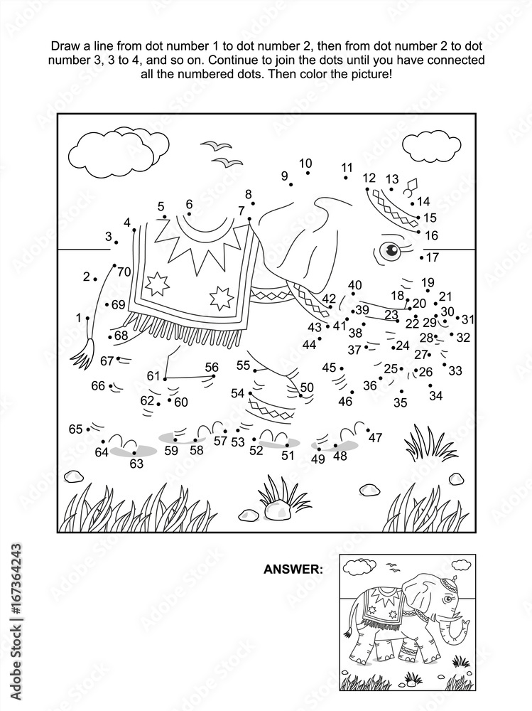 Connect the dots picture puzzle and coloring page with walking elephant. Answer included.
