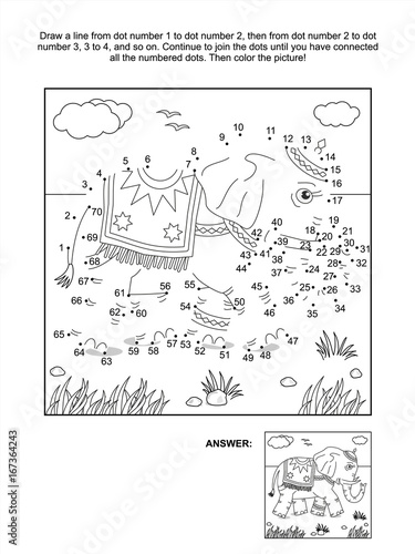 Connect the dots picture puzzle and coloring page with walking elephant. Answer included.
