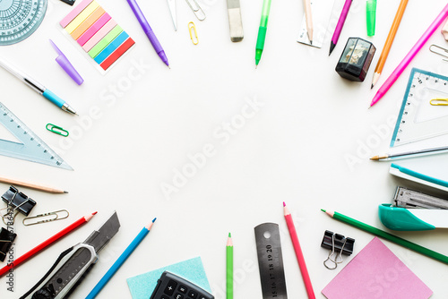 Set of stationery on white table, top view. School Concept