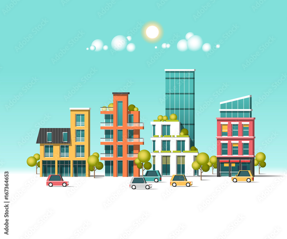Green energy and eco friendly city. Modern architecture, buildings, hi-tech townhouses, cars, green roofs, skyscrapers. Flat vector illustration. 3d style.