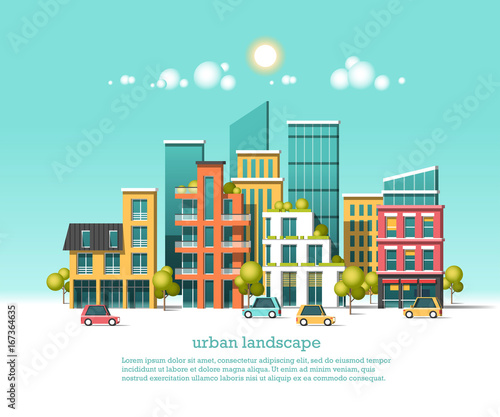 Green energy and eco friendly city. Modern architecture, buildings, hi-tech townhouses, cars, green roofs, skyscrapers. Flat vector illustration. 3d style.