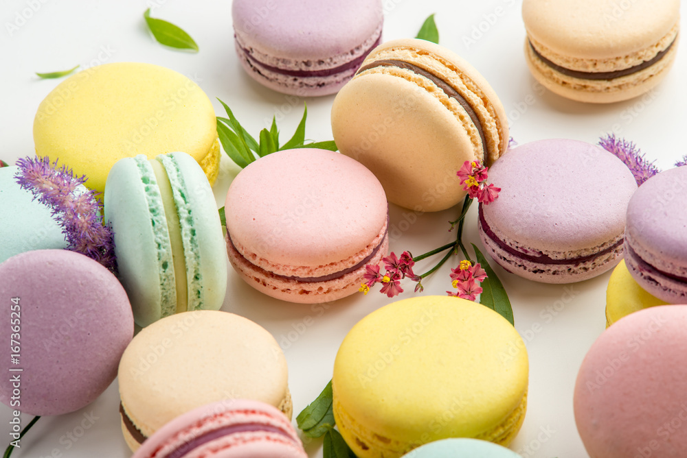 Colorful macarons with leaves and red flowers on a white background. French delicate dessert Colorful macarons with leaves and red flowers on a white background. French delicate dessert
